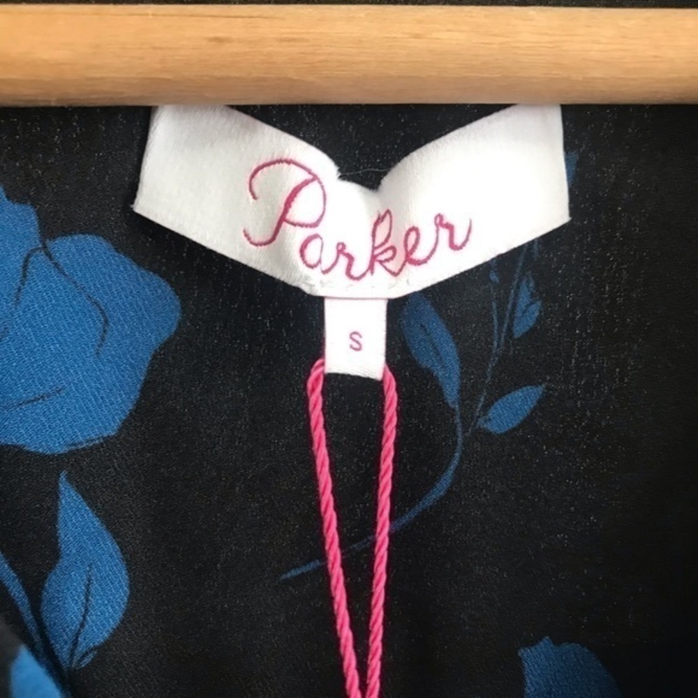 Parker Black Blue Floral Print Ruffle Long Sleeve Blouse Small - Picture 8 of 14